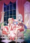  arm_support armchair barefoot bat_wings blonde_hair blue_eyes blue_hair blush braid candelabra chair checkered checkered_floor clock couch curtains dinyc fangs feet feet_on_chair flandre_scarlet grandfather_clock happy hat highres izayoi_sakuya multiple_girls night night_sky one_side_up open_mouth perspective platform_footwear platform_heels ponytail red_eyes remilia_scarlet shoes short_hair silver_hair sitting sky smile touhou twin_braids v_arms window wings 