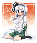  black_hairband blue_eyes blush fan flat_chest gengorou ghost hairband hot konpaku_youmu konpaku_youmu_(ghost) short_hair silver_hair socks solo touhou unbuttoned 