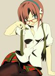  blue_eyes brown_hair evangelion:_2.0_you_can_(not)_advance face glasses hairband long_hair makinami_mari_illustrious necktie neon_genesis_evangelion pantyhose plaid plaid_skirt rebuild_of_evangelion school_uniform skirt solo watarai_keiji 