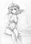  arm_support breasts center_opening cleavage graphite_(medium) greyscale halterneck hat hitodama large_breasts legs monochrome one-piece_swimsuit saigyouji_yuyuko saiste sitting sketch smile solo swimsuit touhou traditional_media wavy_hair 
