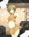  brown_eyes brown_hair headphones headset kadokoa meiko microphone midriff navel sheet_music short_hair skirt smile solo vintage_microphone vocaloid 