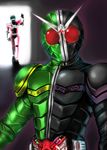  antennae arm_up belt black_bodysuit bodysuit green_bodysuit helmet hitsuji_bako kamen_rider kamen_rider_dcd kamen_rider_decade kamen_rider_double kamen_rider_w looking_at_viewer machinery multiple_boys red_eyes upper_body walking 