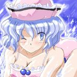  blue_eyes blue_hair blush breasts cleavage covered_nipples flx hat large_breasts lowres merlin_prismriver one_eye_closed short_hair solo touhou 