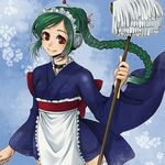  android apron bow braid gintama green_hair hairband japanese_clothes kazuki_kisuke kimono maid mop red_eyes robot_ears single_braid smile solo tama_(gintama) 