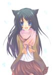  animal_ears bad_id bad_pixiv_id black_hair blue_eyes cat_ears copyright_request fang highres juuya long_hair scarf skirt solo 