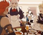  5girls alice_margatroid alternate_costume apron black_hair blonde_hair blue_eyes blush bow breasts buront elf elvaan emu_(losspass) enmaided final_fantasy final_fantasy_xi food fujiwara_no_mokou hair_ribbon hairband hat houraisan_kaguya hume large_breasts long_hair maid multiple_boys multiple_girls naitou paladin_(final_fantasy) pointy_ears red_eyes ribbon rumia shameimaru_aya short_hair silver_hair tarutaru the_iron_of_yin_and_yang tokin_hat touhou tray waitress 