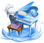  barefoot cloud darker_than_black dress english finger_to_mouth grand_piano hair_ribbon instrument looking_back piano piano_bench pink_eyes ponytail purple_dress ribbon ripples short_hair shushing sitting smile soaking_feet solo surreal tansuke water white_hair yin 