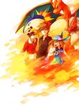  2boys backwards_hat bad_id bad_pixiv_id bandana baseball_cap black_hair blaziken blue_eyes brown_hair charizard dada_(dolce) dragon fang fire gen_1_pokemon gen_2_pokemon gen_3_pokemon goggles gold_(pokemon) green_eyes hat multiple_boys odamaki_sapphire ookido_green pokemon pokemon_(creature) pokemon_special typhlosion yellow_eyes 