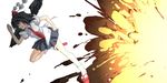  action bad_id bad_pixiv_id black_hair black_wings clenched_teeth explosion geta hat highres jpeg_artifacts looking_away running serious shameimaru_aya short_hair solo take_shinobu teeth tengu-geta tokin_hat touhou wings 