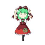  =_= animated animated_gif boots bow closed_eyes cross-laced_footwear dress frills front_ponytail green_hair hair_bow hair_ornament hair_ribbon kagiyama_hina long_hair lowres niconico parody ponytail red_dress ribbon smile solo spinning standing standing_on_one_leg touhou transparent_background urushi 