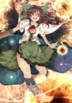  arm_cannon black_sun bow brown_hair cape crazy_eyes evil_smile fiery_wings fire green_bow hair_bow long_hair open_mouth outstretched_arms puffy_sleeves red_eyes reiuji_utsuho short_sleeves skirt smile solo sun third_eye touhou uruu_gekka weapon wings 