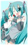  aqua_eyes aqua_hair blush chibi chibi_miku closed_eyes detached_sleeves hatsune_miku headphones heart hug long_hair minami_(colorful_palette) multiple_girls necktie one_eye_closed skirt smile twintails very_long_hair vocaloid 