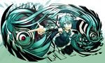  aqua_eyes aqua_hair detached_sleeves grin hatsune_miku headphones headset kawazu long_hair necktie skirt smile solo thighhighs twintails very_long_hair vocaloid zettai_ryouiki 