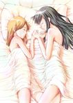  absurdres aoi_hana bed bed_sheet black_hair brown_hair closed_eyes highres holding_hands manjoume_fumi multiple_girls naked_sheet nomi okudaira_akira pillow sleeping yuri 