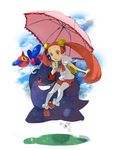  backpack bad_id bad_pixiv_id bag blue_beak bow carrying floating flower gen_1_pokemon gen_4_pokemon gengar grass hair_ornament hairclip legwear_under_shorts mikami miru_(pokemon) pantyhose pink_eyes pink_hair pokemon pokemon_(creature) porygon-z red_eyes shorts twintails umbrella white_legwear yellow_eyes 