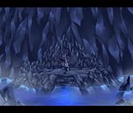  blue_eyes cave gen_1_pokemon glowing glowing_eyes letterboxed mewtwo no_humans pokemon pokemon_(creature) solo tail waiting water 