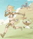  angry animal_ears blonde_hair breasts cat_ears cat_tail chasing cleavage closed_eyes crossed_legs elbow_gloves final_fantasy final_fantasy_xi gloves hood knee_pads mandragora_(final_fantasy) medium_breasts mithra multiple_girls nature open_mouth running scared shoes short_hair sitting skirt tail takatsuki_kahiro 
