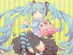  aqua_eyes aqua_hair bad_id bad_pixiv_id birthday cake food gloves gurumo hair_ornament hairclip hatsune_miku headphones headset long_hair mismatched_legwear necktie pastry single_glove skirt smile solo striped striped_legwear thighhighs twintails very_long_hair vocaloid zettai_ryouiki 