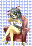  animal_ears armchair bare_legs barefoot bespectacled capelet chair checkered crossed_legs feet glasses grey_hair hair_ornament hairclip highres jewelry legs mepikari mouse mouse_ears mouse_tail nazrin pendant red_eyes short_hair sitting solo star tail touhou 