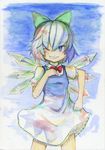  blush_stickers cirno grin highres luft one_eye_closed smile solo touhou 