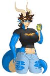  beverage big_breasts blue_eyes blue_scales breasts brown_hair claws clothed clothing dragon drakthug ear_piercing facial_piercing female gold hair horn lip_piercing norael piercing plain_background soda solo voluptuous white_background 