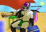  anthro beach bulge chair clothing cooler darachi drink eyewear looking_at_viewer male outside ragnerock rat_gator sand seaside shaded sitting speedo sun sunglasses swimsuit table tendrils toned towels umbrella water 