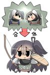  akagi_(kantai_collection) bad_id bad_twitter_id bow_(weapon) chibi comic dancing directional_arrow dragon_ball dragon_ball_z flight_deck fusion fusion_dance holding holding_weapon kaga_(kantai_collection) kakuzatou_(koruneriusu) kantai_collection long_hair multiple_girls muneate pose side_ponytail simple_background skirt smile standing translated weapon white_background 