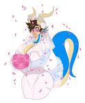  anthro big_breasts blue_eyes blush breasts brown_hair cleavage clothed clothing dragon drakthug ear_piercing facial_piercing female flower gem hair horn jewelry lip_piercing necklace norael piercing plain_background plant rose scar silver solo voluptuous wedding_dress white_background 