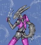  breasts clothed clothing female lagomorph legwear long_ears looking_at_viewer mammal rabbit rear_view smile solo stockings tattoo weapon zhmernalt 