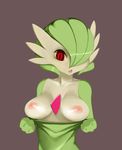  anthro breasts female gardevoir green_hair hair humanoid maniacbox nintendo nipples open_mouth plain_background pok&eacute;mon red_eyes solo video_games 