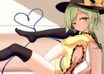  black_legwear bottomless bow couch crossed_arms green_eyes green_hair hat hat_bow heart heart_of_string komeiji_koishi leg_hug leg_up long_sleeves looking_at_viewer naked_shirt over-kneehighs pillow pspmaru raised_eyebrow shirt sitting solo thighhighs thighs touhou uneven_eyes wide_sleeves 