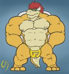  ? abs anthro biceps big_muscles bowser bulge clothing grin gs hair huge_muscles koopa male mario_bros muscles nintendo pecs penis plain_background pose red_hair scalie solo thong video_games 