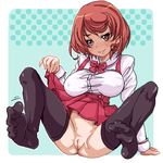  1girl arm_support black_legwear blush bottomless bow breasts brown_hair character_request copyright_request erect_nipples feet female large_breasts no_panties oekaki orange_eyes out_of_border outside_border parted_lips pussy red_hair short_hair sitting skirt_lift smile solo spread_legs sweatdrop thighhighs uncensored yuni_futoshi 