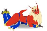  anthro avian big_breasts blaziken blonde_hair blue_eyes breasts clothed clothing female fur hair looking_at_viewer micki nintendo pok&eacute;mon red_fur skimpy smile solo video_games 