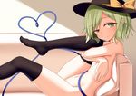  black_legwear bow couch crossed_arms green_eyes green_hair hat hat_bow heart heart-shaped_pupils heart_of_string komeiji_koishi leg_hug leg_up looking_at_viewer nude over-kneehighs pillow pspmaru raised_eyebrow sitting solo symbol-shaped_pupils thighhighs thighs touhou uneven_eyes 