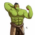  abs arm_behind_head beard biceps big_muscles bin_(artist) black_hair clothed clothing face_paint facial_hair fangs green_skin hair half-dressed humanoid looking_at_viewer male muscles nipples not_furry orc pants pecs plain_background pose solo standing teeth toned topless white_background 