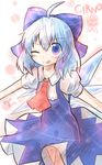  ;p absurdres ahoge blue_eyes blue_hair bow character_name cirno dated hair_bow hair_ribbon highres ice ice_wings looking_at_viewer one_eye_closed outstretched_arms ribbon short_hair sketch smile solo spread_arms tongue tongue_out touhou wings yurume_atsushi 