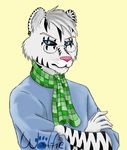  2014 anthro bluwolfie eyewear feline fur glasses hair male mammal markings scarf solo stripes tiger video_games white_fur white_tiger 