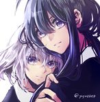  ahoge androgynous black_hair eyes hand_on_another's_shoulder honebami_toushirou long_hair male_focus multiple_boys namazuo_toushirou parted_lips purple_eyes short_hair simple_background touken_ranbu twitter_username white_background white_hair yuyu_(yuyurhythm) 