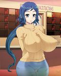  arms_behind_back blue_eyes blue_hair breasts covered_nipples denim gundam gundam_build_fighters huge_breasts impossible_clothes impossible_sweater iori_rinko jeans long_hair mature pants rebis ribbed_sweater smile solo sweater thigh_gap turtleneck very_long_hair wide_hips 