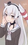  amatsukaze_(kantai_collection) blush brown_eyes choker dated dress grey_hair hair_tubes hair_tucking hat kantai_collection lifebuoy long_hair long_sleeves mini_hat sailor_dress smile sui_(tsuruhibiki) twitter_username two_side_up upper_body 