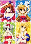  absurdres ahoge asteion blonde_hair blue_eyes blush bracelet breasts brown_hair cleavage einhart_stratos fate_testarossa fujima_takuya gloves hand_on_own_chest heterochromia highres huge_filesize jewelry long_hair lyrical_nanoha mahou_shoujo_lyrical_nanoha_vivid medium_breasts multiple_girls red_eyes sacred_heart scan side_ponytail small_breasts takamachi_nanoha twintails vivio 