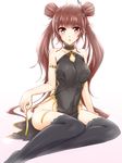  :o armlet bare_shoulders blush brown_eyes brown_hair chinese_clothes collarbone double_bun dress dungeon_and_fighter fighter_(dungeon_and_fighter) geckolion hair_ornament hairclip looking_at_viewer nen_master_(dungeon_and_fighter) parted_lips simple_background sitting sleeveless sleeveless_dress thighhighs twintails untied white_background yokozuwari 