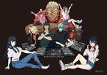  4girls blonde_hair blue_hair brown_hair chain cutoff_jeans cutoffs denim denim_shorts earrings gamagoori_ira green_hair guts_(kill_la_kill) headphones headphones_around_neck high_heels ichiko_(kimini) inumuta_houka iori_shirou jakuzure_nonon jewelry kill_la_kill kiryuuin_satsuki mankanshoku_mako matoi_ryuuko mixing_console multiple_boys multiple_girls pink_hair sanageyama_uzu shirt shorts simple_background sitting tied_shirt 