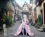  blurry blush bouquet bridal_veil chaika_trabant dated day depth_of_field dress eyebrows flower half-timbered hitsugi_no_chaika hoshi_o_mite long_hair looking_at_viewer outdoors pavement pigeon-toed purple_eyes road silver_hair smile solo street thick_eyebrows thighhighs veil wedding_dress white_legwear 