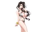  ass black_hair bracelet breasts cleavage game_cg highres huge_breasts ichii_mana jewelry legs lipstick long_hair looking_at_viewer mainichi_shabutte_ii_desu_ka? makeup mochizuki_nozomu nail_polish red_eyes simple_background solo standing swimsuit thighs white_background 