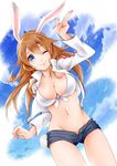  ;) akatsuki_hijiri animal_ears blue_eyes blue_sky breasts bunny_ears bunny_tail charlotte_e_yeager cleavage closed_mouth cloud day front-tie_top groin jacket large_breasts long_hair long_sleeves looking_at_viewer navel one_eye_closed open_fly orange_hair short_shorts shorts sky smile solo strike_witches tail unzipped world_witches_series 