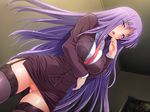  1girl blue_eyes blush breasts censored game_cg garter_straps highres ino large_breasts legs long_hair looking_at_viewer midori_aoi necktie nise_kyouso no_panties open_mouth purple_hair pussy skirt solo standing suit takatsu_miki thighhighs thighs 