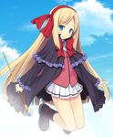  blonde_hair blue_eyes blue_sky cloud cloudy_sky coat day hairband highres holding long_hair looking_at_viewer original pleated_skirt school_uniform skirt sky smile solo staff very_long_hair yamasan 