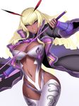  blonde_hair breast_rings dark_skin highres itou_ittousai_(sengoku_bushouki_muramasa) katana kumiko_shiba long_hair navel purple_eyes sengoku_bushouki_muramasa simple_background solo sword thighs weapon white_background wide_hips 